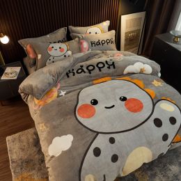 Thickened Cartoon Coral Velvet Bed With Four-piece Winter Milk Flannel Sheets (Option: 3 Style-1.8m)