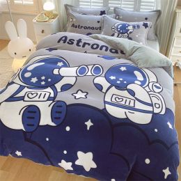 Cute Cartoon Milk Velvet Bedding Set Of Four (Option: Space-Fitted sheet style-1.8M)