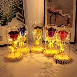 Preserved Fresh Flower Glass Cover Desktop Decoration Small Night Lamp (Color: pink)