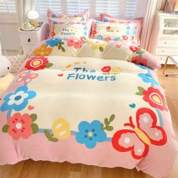 Cute Cartoon Milk Velvet Bedding Set Of Four (Option: Flowering season-Fitted sheet style-1.8M)