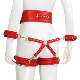 Leather Handcuffs Leg Cuffs With Waist Restraint Belt Toys (Color: Red)