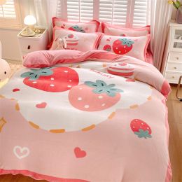 Cute Cartoon Milk Velvet Bedding Set Of Four (Option: Strawberry-Fitted sheet style-1.8M)