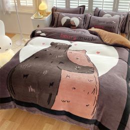 Cute Cartoon Milk Velvet Bedding Set Of Four (Option: Back bear-Fitted sheet style-1.8M)