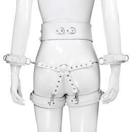 Leather Handcuffs Leg Cuffs With Waist Restraint Belt Toys (Color: White)