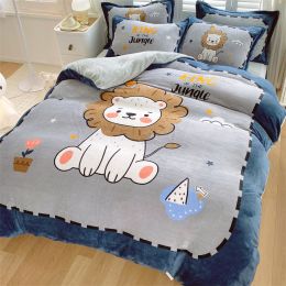 Cute Cartoon Milk Velvet Bedding Set Of Four (Option: Little lion king-Fitted sheet style-1.8M)