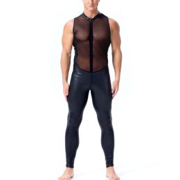 Men's Wild Patent Leather And Mesh Panel Bodysuit (Option: Black-2XL)