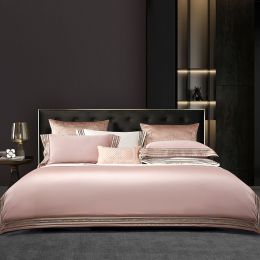 Light Luxury Solid 140 Thread Count Embroidery Solid Four Piece Bedding Set (Option: Pink-1.5m bed)