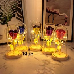 Preserved Fresh Flower Glass Cover Desktop Decoration Small Night Lamp (Color: Blue)