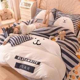 Cartoon Milk Flour Bed Set Of Four (Option: Black and white bear-Fitted sheet style-1.8M)