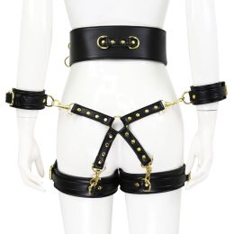 Leather Handcuffs Leg Cuffs With Waist Restraint Belt Toys (Color: Black)