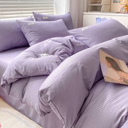 New Brushed Waffle Four Piece Set For Simple And Luxury Household Use (Option: Light purple-1.8m fitted sheet 4pcs)