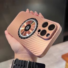 Laser Magnetic Ring Carbon Fiber Pattern Frosted Goggles Phone Case (Option: Rose Gold-Iphone14)