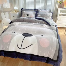 Cute Cartoon Milk Velvet Bedding Set Of Four (Option: Big faced bear-Fitted sheet style-1.8M)