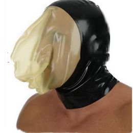 Male And Female Latex Headgear Mask With Zipper (Option: Black With Transparent-M)