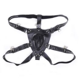 Bondage Flirting Men's Appliances Chastity Pants Leather Strap Adult Bird Cage Sexy Panties (Color: Black)