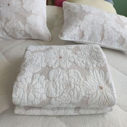 Cotton Thickened Pure White Beige Camellia Embroidery Three-piece Bed Cover Set (Option: Pure White-230x250cm)