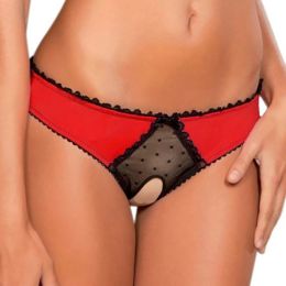 Panties Women Open Crotch Mesh Sexy Bowknot Hallow Out Erotic Lingerie Low Waist Crotchless Panties Women panties for sex (Color: Red)