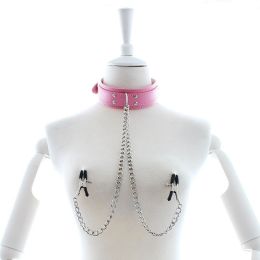 Faux Leather Choker Collar With Nipple Breast Clamp Clip Chain Couple SM Sex Toys For Woman Sex Tools For Couples Adult Games (Color: pink)