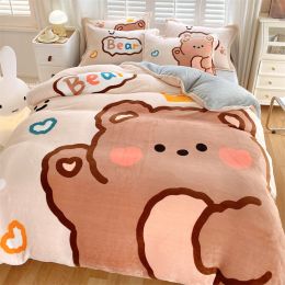 Cute Cartoon Milk Velvet Bedding Set Of Four (Option: Teddy bear-Fitted sheet style-1.8M)