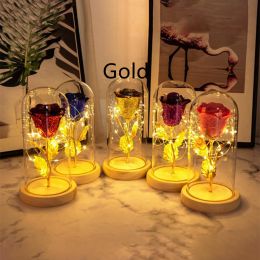 Preserved Fresh Flower Glass Cover Desktop Decoration Small Night Lamp (Color: Gold)