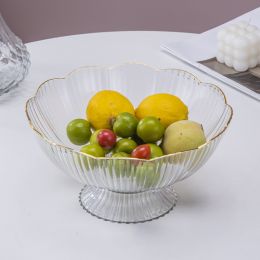 Simple And Dripable Snack Fruit Pot (Option: Transparent white-Floral gold edge high leg styl)